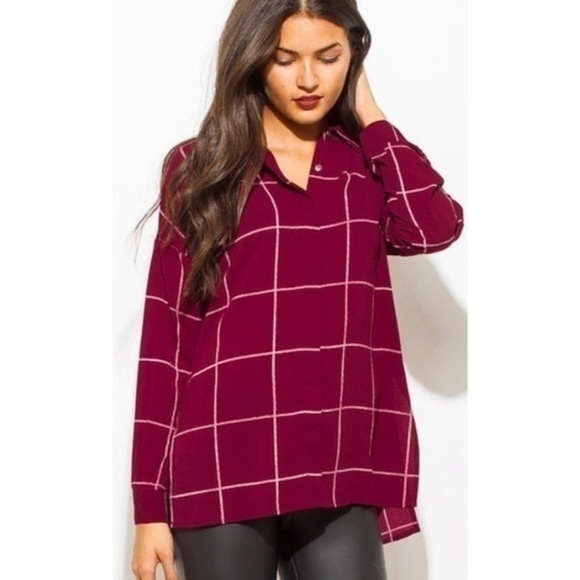 Sweet Wanderer • Wine Red Windowpane Plaid Maroon Blouse - Picture 1 of 7